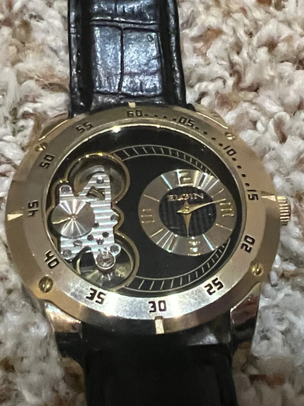 Gold-Tone Mens Dress Watch with Black Leather Strap
